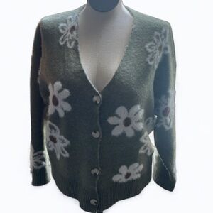 Olive Green White flower long sleeve cardigan Sweater Size XL